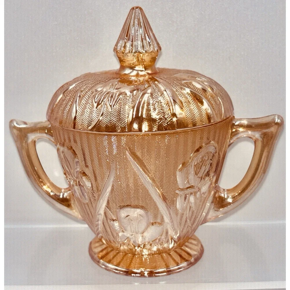 Jeanette Glass IRIS & HERRINGBONE Marigold Iridescent Footed Sugar Bowl Lid EUC